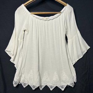 Jella C. Bell Sleeve Top Crochet Trim Off Shoulder Blouse Size Large‎
